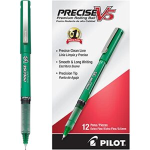 pilot precise v5 stick rolling ball pens, extra fine point, green ink, dozen box (25104)