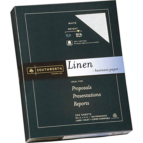 Southworth 25% Cotton Business Paper, 8.5” x 11”, 32 lb/120 GSM, Linen Finish, White, 250 Sheets - Packaging May Vary (J558C)