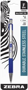 zebra pen f-301 retractable ballpoint pen, stainless steel barrel, medium point, 1.0mm, blue ink, 1-pack