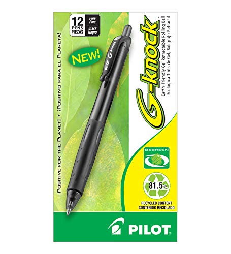 PILOT G-Knock BeGreen Refillable & Retractable Gel Ink Pens, Fine Point, Black Ink, 12-Pack (31506)