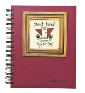 journals unlimited "write it down!" series guided journal, guest journal, enjoy your stay!, with a cranberry hard cover, made of recycled materials, 7.5"x 9"