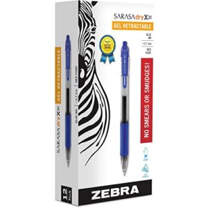 zebra pen sarasa dry x20 retractable gel pen, medium point, 0.7mm, blue ink, 12-pack