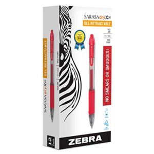 zebra pen sarasa dry x20 retractable gel pen, medium point, 0.7mm, red ink, 12-pack