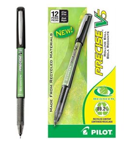 pilot precise v5 begreen liquid ink rolling ball stick pens, extra fine point (0.5mm) black ink, 12-pack (26300)