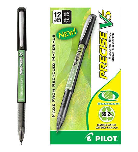 PILOT Precise V5 BeGreen Liquid Ink Rolling Ball Stick Pens, Extra Fine Point (0.5mm) Black Ink, 12-Pack (26300)