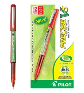 pilot precise v5 begreen liquid ink rolling ball stick pens, extra fine point (0.5mm) red ink, 12-pack (26302)