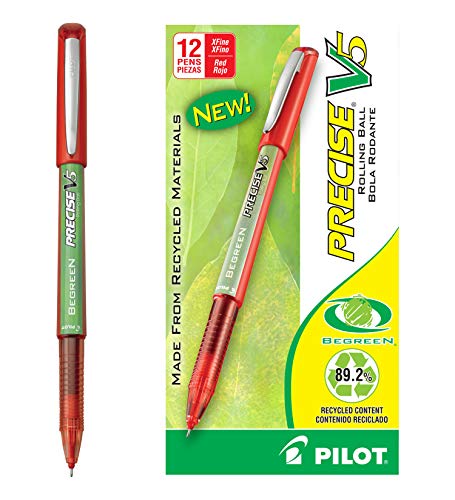 PILOT Precise V5 BeGreen Liquid Ink Rolling Ball Stick Pens, Extra Fine Point (0.5mm) Red Ink, 12-Pack (26302)