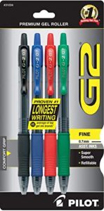 pilot, g2 premium gel roller pens, fine point 0.7 mm, black, blue, red, green, pack of 4