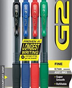 Pilot, G2 Premium Gel Roller Pens, Fine Point 0.7 mm, Black, Blue, Red, Green, Pack of 4