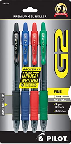 Pilot, G2 Premium Gel Roller Pens, Fine Point 0.7 mm, Black, Blue, Red, Green, Pack of 4