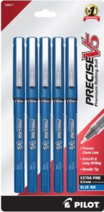 pilot precise v5 stick liquid ink rolling ball stick pens, extra fine point (0.5mm) blue ink, 5-pack (26011)