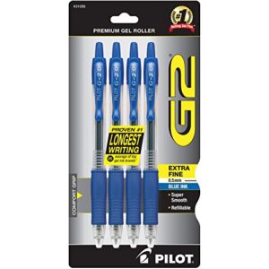 pilot g2 retractable premium gel ink roller ball pens, extra fine point, 4-pack, blue ink (31056)