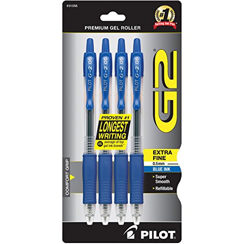 PILOT G2 Retractable Premium Gel Ink Roller Ball Pens, Extra Fine Point, 4-Pack, Blue Ink (31056)