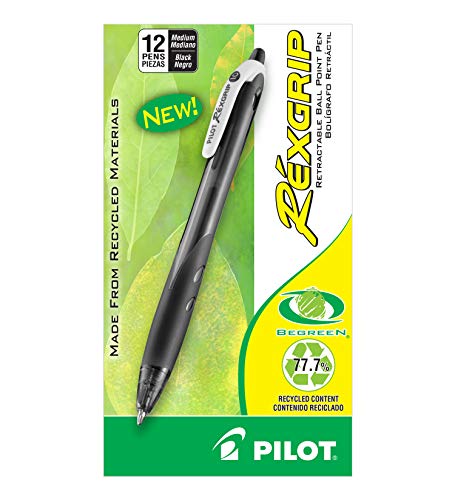 PILOT RexGrip BeGreen Refillable & Retractable Ballpoint Pens, Medium Point, Black Ink, 12-Pack (32370)