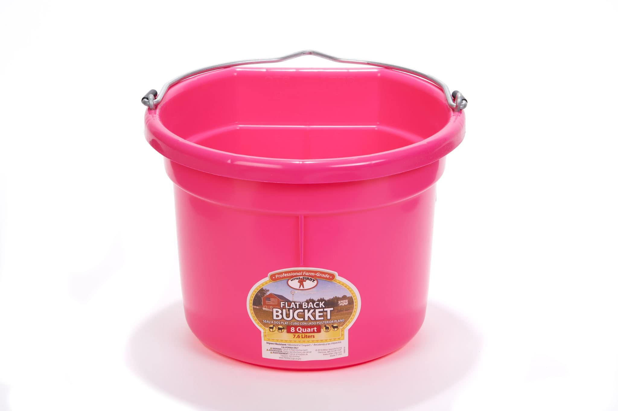 Little Giant Plastic Animal Feed Bucket (Hot Pink) Flat Back Plastic Feed Bucket with Metal Handle (8 Quarts / 2 Gallons) (Item No. P8FBHOTPINK)