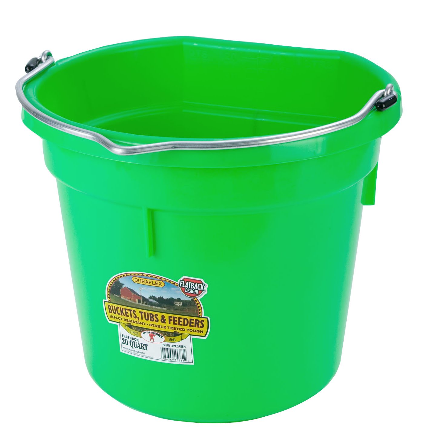 Miller Manufacturing P20FBLIMEGREEN Plastic Flat Back Bucket for Horses, 20-Quart