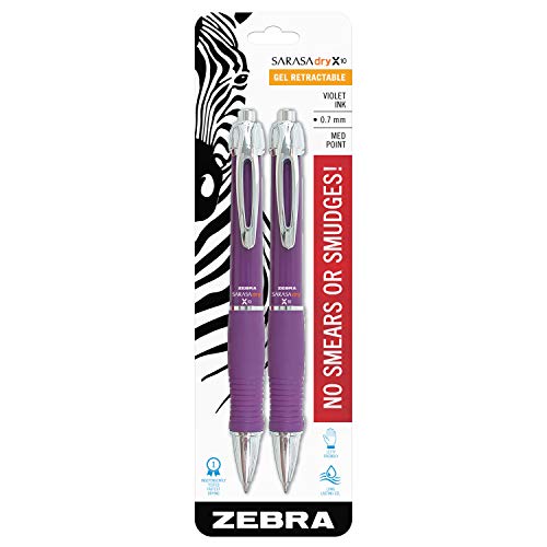 Zebra X10 Retractable Gel Pen, Medium Point, 0.7mm, Violet Barrel, Acid Free Violet Ink, 2 Pack (Packaging may vary)