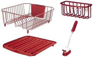 rubbermaid sink set with dish drying rack, drainboard, sponge caddy, and brush, red, 4-pieces