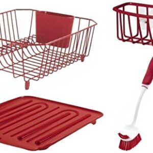 Rubbermaid Sink Set with Dish Drying Rack, Drainboard, Sponge Caddy, and Brush, Red, 4-Pieces