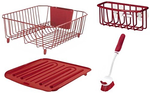 Rubbermaid Sink Set with Dish Drying Rack, Drainboard, Sponge Caddy, and Brush, Red, 4-Pieces