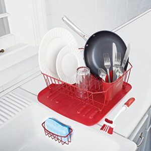 Rubbermaid Sink Set with Dish Drying Rack, Drainboard, Sponge Caddy, and Brush, Red, 4-Pieces