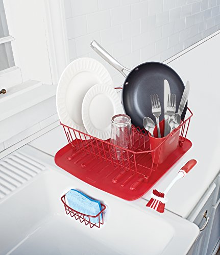 Rubbermaid Sink Set with Dish Drying Rack, Drainboard, Sponge Caddy, and Brush, Red, 4-Pieces