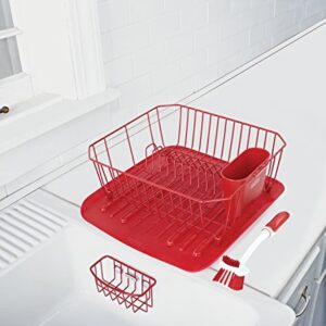 Rubbermaid Sink Set with Dish Drying Rack, Drainboard, Sponge Caddy, and Brush, Red, 4-Pieces