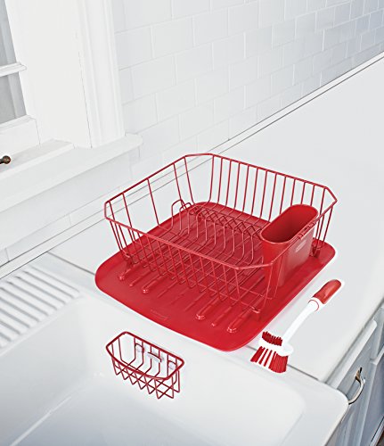 Rubbermaid Sink Set with Dish Drying Rack, Drainboard, Sponge Caddy, and Brush, Red, 4-Pieces