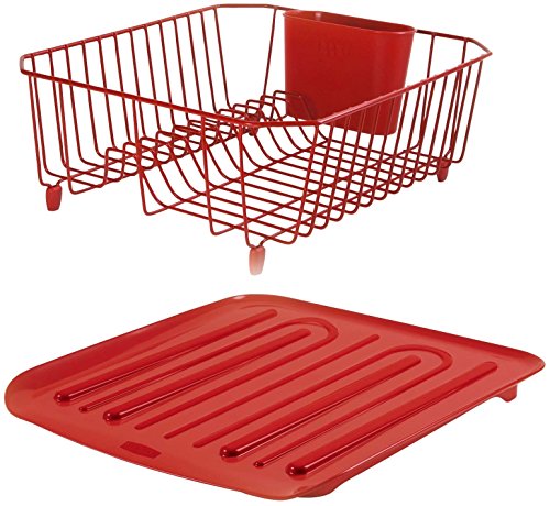 Rubbermaid Sink Set with Dish Drying Rack, Drainboard, Sponge Caddy, and Brush, Red, 4-Pieces