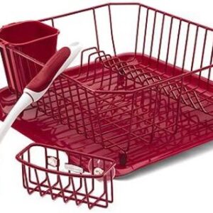 Rubbermaid Sink Set with Dish Drying Rack, Drainboard, Sponge Caddy, and Brush, Red, 4-Pieces