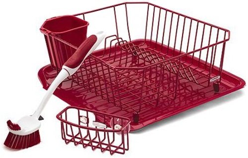 Rubbermaid Sink Set with Dish Drying Rack, Drainboard, Sponge Caddy, and Brush, Red, 4-Pieces