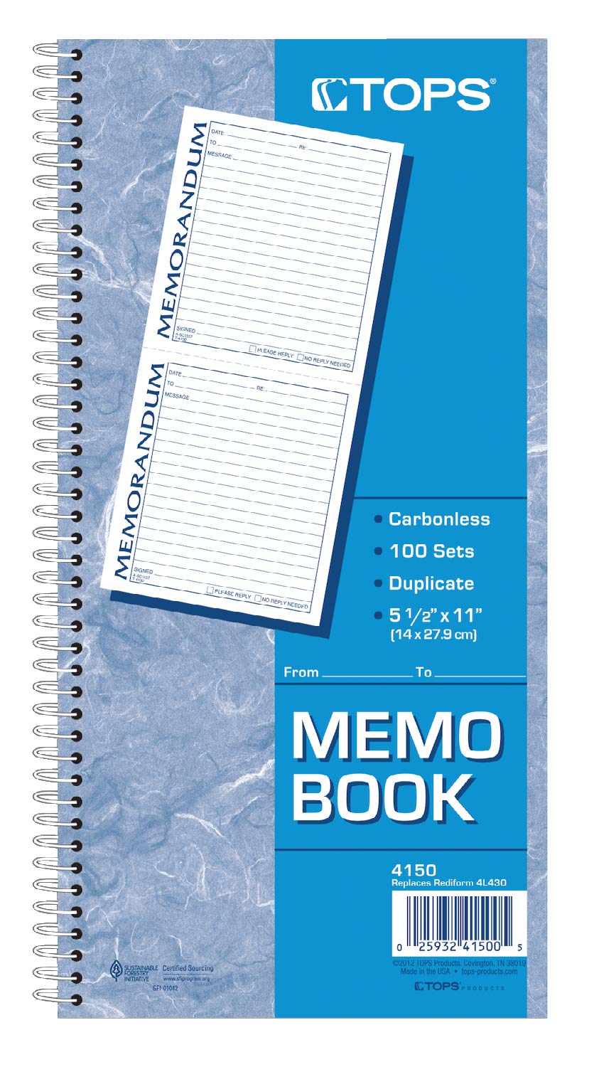 TOPS Memorandum Forms Book, 2-Part, Carbonless, 2 Memos per Page, 100 Sets per Book (4150)