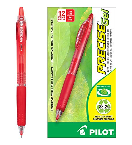 PILOT Precise Gel BeGreen Refillable & Retractable Rolling Ball Pens, Fine Point, Red Ink, 12-Pack (15003)