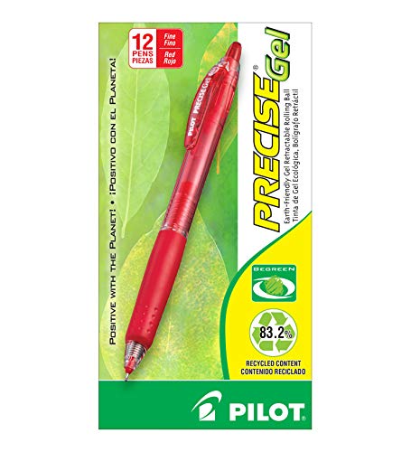 PILOT Precise Gel BeGreen Refillable & Retractable Rolling Ball Pens, Fine Point, Red Ink, 12-Pack (15003)