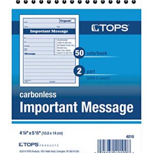 TOPS 2-Part Carbonless Phone Message Book, 4.25 x 6 Inches, Top Spiral Binding, 1 per Page, 50 Sheets, Pink and Canary, (4010)