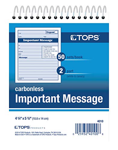 TOPS 2-Part Carbonless Phone Message Book, 4.25 x 6 Inches, Top Spiral Binding, 1 per Page, 50 Sheets, Pink and Canary, (4010)