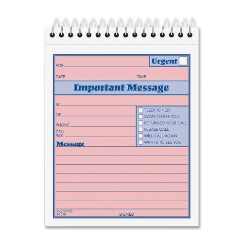 TOPS 2-Part Carbonless Phone Message Book, 4.25 x 6 Inches, Top Spiral Binding, 1 per Page, 50 Sheets, Pink and Canary, (4010)