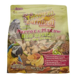 f.m. brown's tropical carnival, natural parrot, cockatoo, and macaw food for big beaks with fruits, veggies, nuts, and grains, vitamin-nutrient fortified daily diet, 4 lb