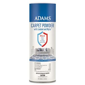 adams carpet powder with linalool and nylar, kills fleas and ticks on contact, kills all stages of the flea life cycle, 30 day protection, freshens and deodorizes, treats up to 400 sq ft, 1lb