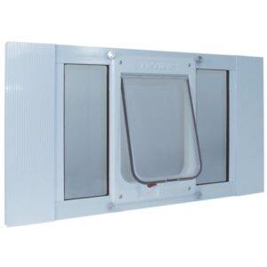 ideal pet products aluminum sash window pet door, adjustable width 27" to 32", chubby kat, 7.5" x 10.5" flap size