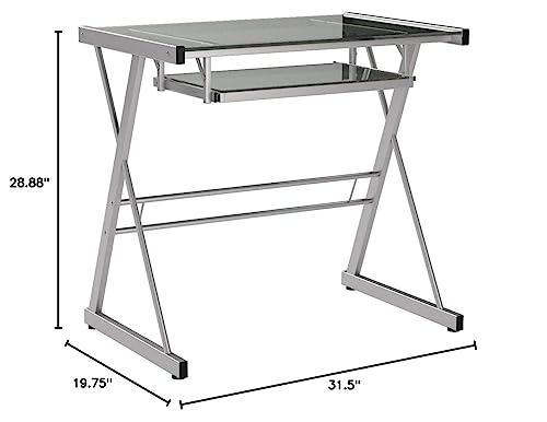 Walker Edison Metal and Glass Work From Home Laptop Computer Gaming Desk with Slide In Keyboard Tray Home Office, 31 Inch, Silver