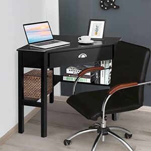 Target Marketing Systems Wood Corner Desk with One Drawer and One Storage Shelf, Black