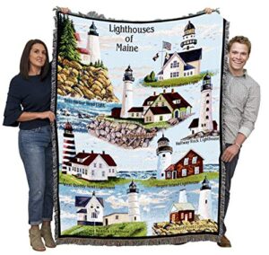 lighthouses of maine blanket - bass harbor cape elizabeth halfway rock sequin neddick west quoddy portland pemaquid - coastal ocean gift tapestry throw woven from cotton - made in the usa (72x54)