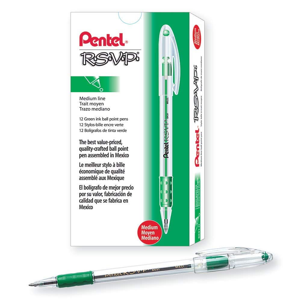 Pentel R.S.V.P. Ballpoint Pen, Medium Point, Green Ink (BK91-D) 12 Total