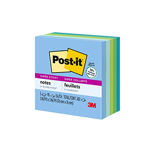 Post-it Super Sticky Recycled Notes, 3x3 in, 5 Pads, 2x the Sticking Power, Poptimistic, Bright Colors, 30% Recycled Paper (654-5SST)