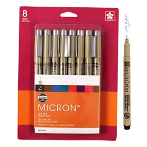 sakura pigma micron fineliner pens - archival black and colored ink pens - pens for writing, drawing, or journaling - black and colored ink - 01 point size - 8 pack