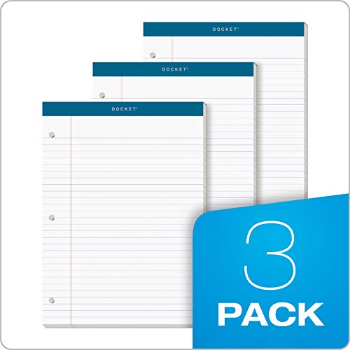 TOPS Docket Writing Pads, 8-1/2" x 11-3/4", Legal Rule, White Paper, 3-Hole Punched, 100 Sheets, 3 Pack (63393)