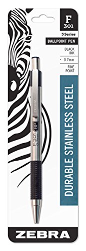 Zebra F-301 Ballpoint Stainless Steel Retractable Pen, Fine Point, 0.7mm, Black Ink, 1-Count