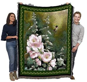 pure country weavers hollyhock hummer blanket by catherine mcclung - hummingbird bird garden floral gift tapestry throw woven from cotton - made in the usa (72x54)