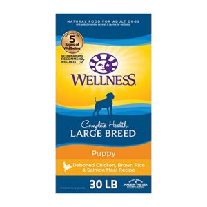 wellness complete health large breed dry dog puppy food with grains, natural ingredients, made in usa with real meat (puppy, chicken, salmon & rice, 30-pound bag)